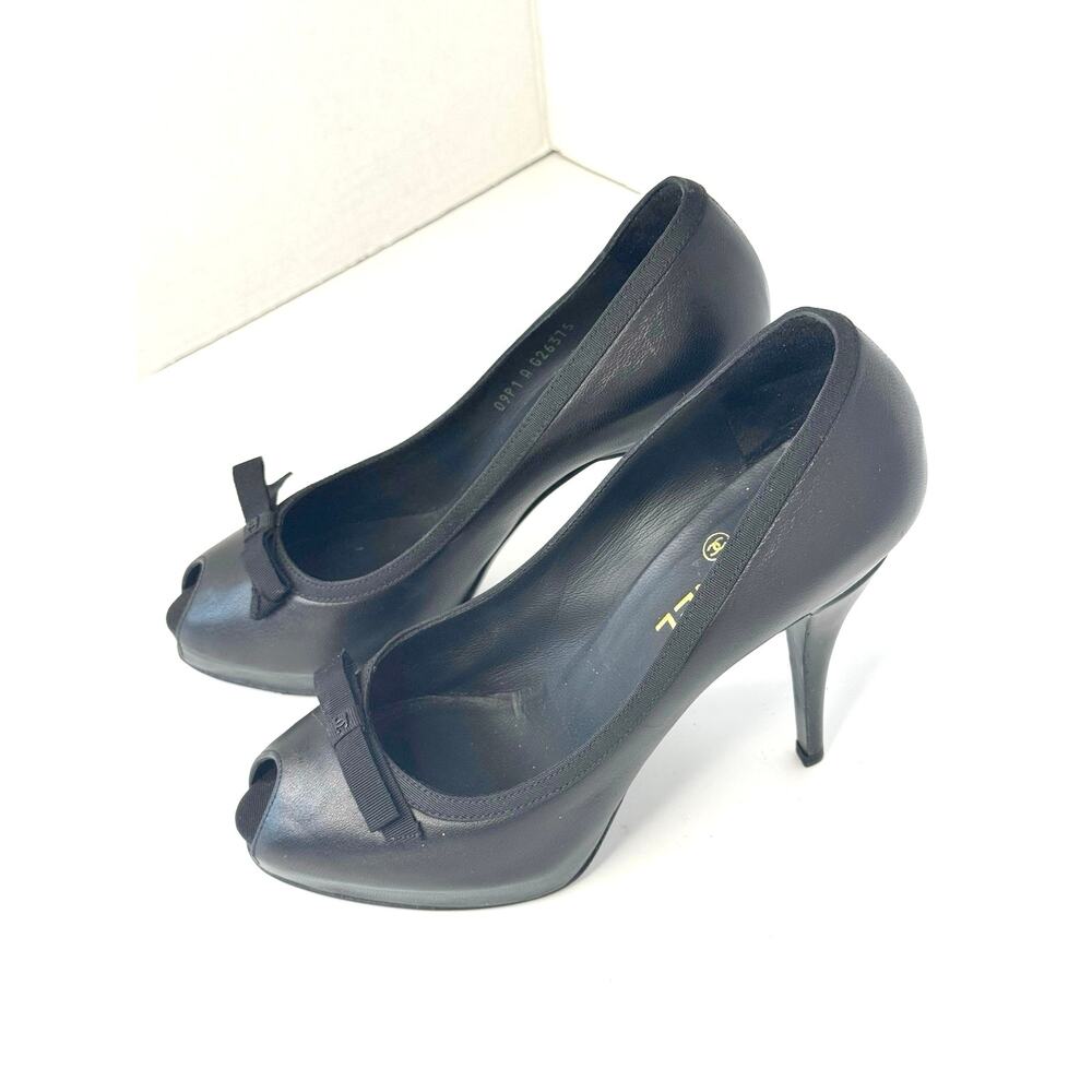 Chanel Vintage Classic Black Leather Bow Peep Toe Stiletto Pumps EU 39.5